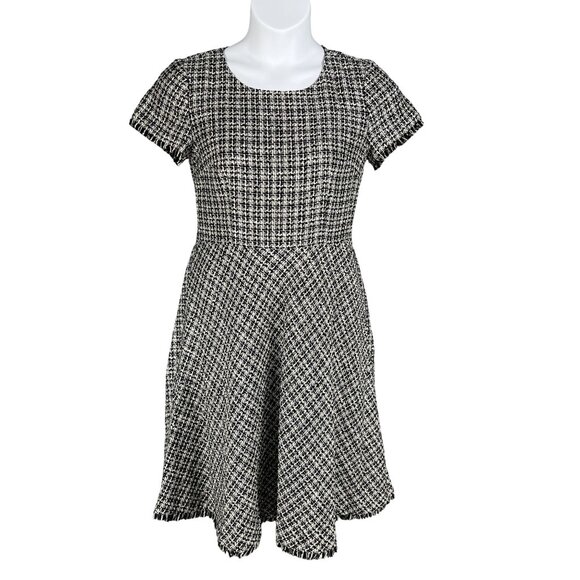 Talbots Womens 6 Tweed Black White Dress Raw Hem Houndstooth Old Money Office - Picture 11 of 16